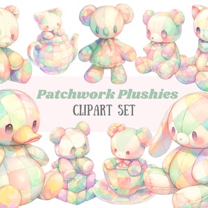 Watercolour Patchwork Plushie Clipart Stuffed Toy Animals PNG Digital Image Download for Card Making Scrapbook Junk Journal Paper Craft