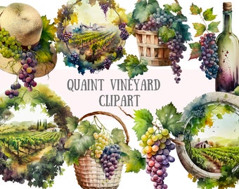 Watercolour Quaint Vineyard Clipart - Grape Farm PNG Digital Image Downloads for Card Making, Scrapbook, Junk Journal, Paper Crafts