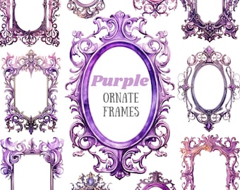 Acuarela púrpura adornado marco clipart marcos barrocos PNG descargas de imágenes digitales para la fabricación de tarjetas Scrapbooking diario basura artesanías de papel