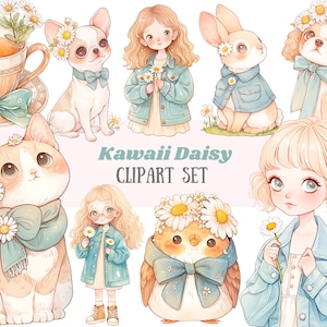 Watercolour Daisy Clipart Kawaii Cute Daisy Girl PNG Digital Image Download for Card Making Scrapbook Junk Journal Paper Craft