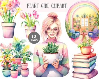 Watercolour Plant Girl Clipart Rainbow Houseplant Lover PNG Digital Image Downloads for Card Making Scrapbook Junk Journal Paper Crafts
