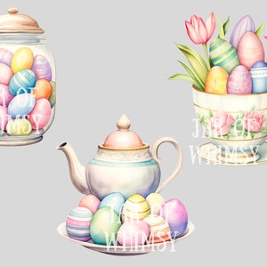 Op de afbeelding: Waterverfillustratie met Pasen-thema. Een glazen pot gevuld met pastelkleurige paaseieren. Een theekopje vol met versierde eieren en tulpen. Een theepot en een bord met meer eieren. De tekst "JAR OF WHIMSY" staat op de afbeelding.