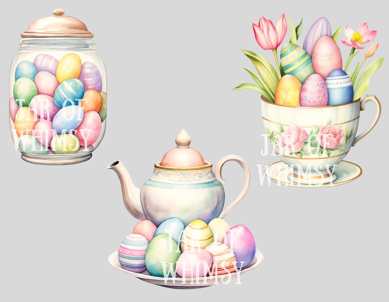 Op de afbeelding: Waterverfillustratie met Pasen-thema. Een glazen pot gevuld met pastelkleurige paaseieren. Een theekopje vol met versierde eieren en tulpen. Een theepot en een bord met meer eieren. De tekst "JAR OF WHIMSY" staat op de afbeelding.