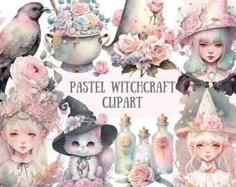 Watercolour Pastel Witchcraft Clipart - Gothic Fantasy PNG Digital Image Downloads for Card Making, Scrapbook, Junk Journal, Paper Crafts