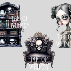 Puede incluir: Tres ilustraciones digitales con una est&eacute;tica oscura y g&oacute;tica. La primera imagen muestra una estanter&iacute;a de madera oscura con libros, tazas de t&eacute; y calaveras. La segunda imagen muestra una silla oscura y adornada con una calavera y rosas. La tercera imagen muestra un retrato de una joven con cabello oscuro y rosas en el cabello. Las tres im&aacute;genes incluyen el texto "JAR OF WHIMSY".