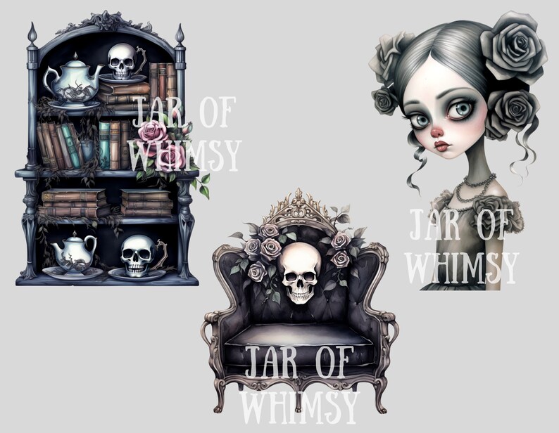 Puede incluir: Tres ilustraciones digitales con una est&eacute;tica oscura y g&oacute;tica. La primera imagen muestra una estanter&iacute;a de madera oscura con libros, tazas de t&eacute; y calaveras. La segunda imagen muestra una silla oscura y adornada con una calavera y rosas. La tercera imagen muestra un retrato de una joven con cabello oscuro y rosas en el cabello. Las tres im&aacute;genes incluyen el texto "JAR OF WHIMSY".