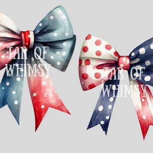 May include: Two watercolor bows with white polka dots. The bow on the left is red and blue. The bow on the right is red, white, and blue. The text "JAR OF WHIMSY" is superimposed on the bows.