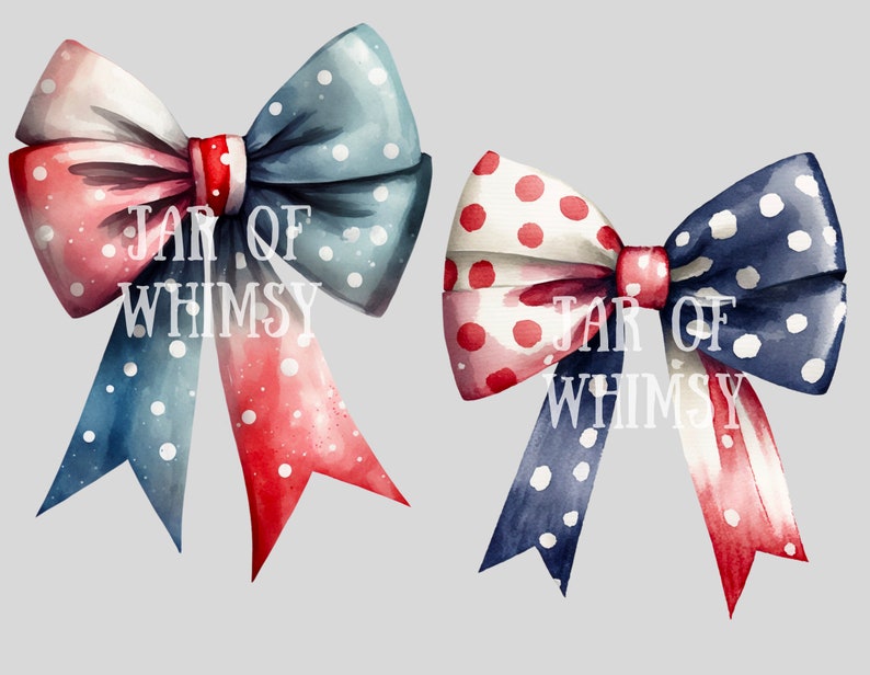 May include: Two watercolor bows with white polka dots. The bow on the left is red and blue. The bow on the right is red, white, and blue. The text "JAR OF WHIMSY" is superimposed on the bows.