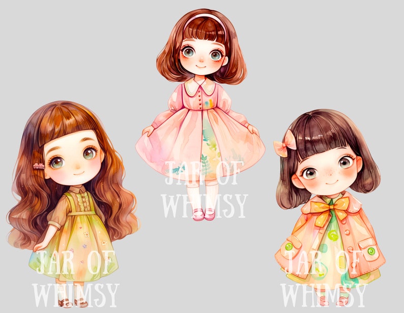 Akvarell Kawaii Spring Girl Clipart Söt Chibi Anime Girl PNG Digitala Bildnedladdningar för Korttillverkning Scrapbook Junk Journal Papperspyssel bild 7