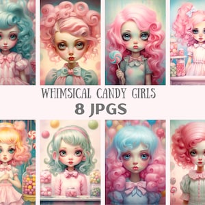Watercolour Whimsical Candy Girl Clipart Big Eyed Girl Art JPG Digital Image Downloads for Card Making Scrapbook Junk Journal Paper Crafts