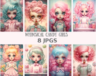 Watercolour Whimsical Candy Girl Clipart Big Eyed Girl Art JPG Digital Image Downloads for Card Making Scrapbook Junk Journal Paper Crafts