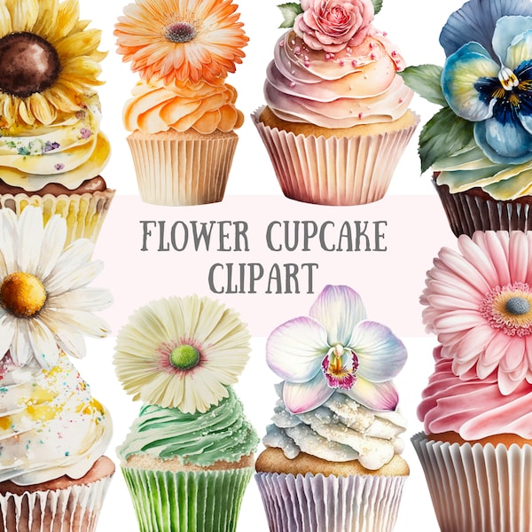 Watercolour Flower Cupcake Clipart Floral Birthday Cake PNG Digital Image Downloads for Card Making Scrapbook Junk Journal Paper Crafts