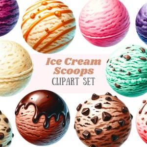 Clipart di palette di gelato dell'acquerello, palline di gelato rotonde, PNG, download di immagini digitali per la creazione di cartoline, scrapbook, giornali spazzatura, lavori manuali con la carta
