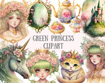 Watercolour Green Princess Clipart - Fairytale Fantasy PNG Digital Image Downloads for Card Making, Scrapbook, Junk Journal, Paper Crafts