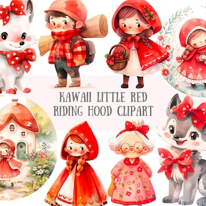 Aquarel kawaii roodkapje clipart paper doll png digitale afbeelding downloads voor kaarten maken plakboek ongewenste dagboek papier ambachten