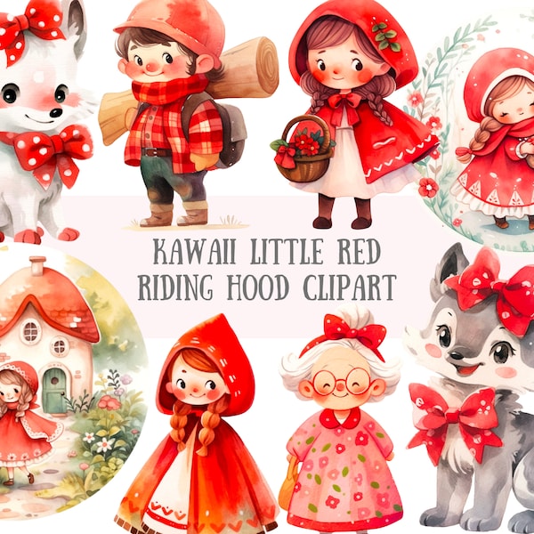 Watercolour Kawaii Little Red Riding Hood Clipart Paper Doll PNG Digital Image Downloads for Card Making Scrapbook Junk Journal Paper Crafts