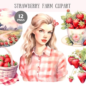 Aquarelle fraise ferme Clipart fraises PNG Image numérique à télécharger pour la fabrication de cartes Scrapbook Junk Journal travaux manuels en papier