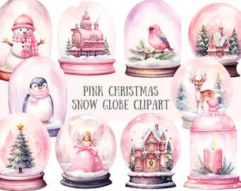 Watercolour Pink Christmas Snow Globe Clipart Xmas Decor PNG Digital Image Downloads for Card Making Scrapbook Junk Journal Paper Craft