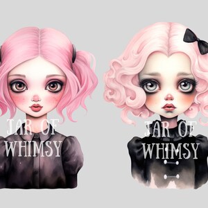 May include: Two digital illustrations of girls with pink hair and black clothing. The girls have large eyes and are looking at the viewer. The text "JAR OF WHIMSY" is written below each girl.