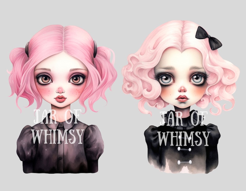 May include: Two digital illustrations of girls with pink hair and black clothing. The girls have large eyes and are looking at the viewer. The text "JAR OF WHIMSY" is written below each girl.