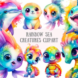 Aquarelle arc-en-ciel créatures marines Clipart tortue hippocampe PNG Image numérique à télécharger pour la fabrication de cartes Scrapbook Junk Journal travaux manuels en papier