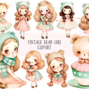 Acquerello Vintage Bear Girl Clipart Cute Chibi Anime Girl PNG Download di immagini digitali per la creazione di cartoline Scrapbook Junk Journal Paper Crafts
