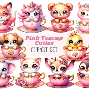 Aquarelle rose tasse à thé Clipart animal vintage Tea Party PNG Image numérique à télécharger pour la fabrication de cartes Scrapbook Junk Journal artisanat en papier