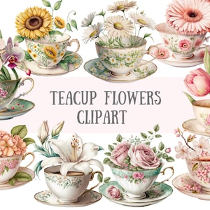 Aquarell Vintage Teetasse Blumen Clipart - Tea Time PNG digitale Bild-Downloads für die Kartenherstellung, Scrapbook, Junk Journal, Papierhandwerk