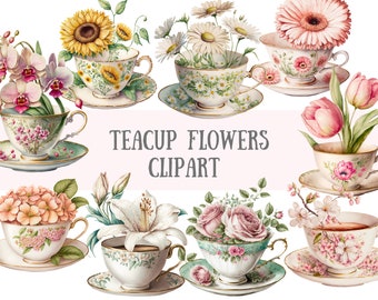 Watercolour Vintage Teacup Flowers Clipart - Tea Time PNG Digital Image Downloads for Card Making, Scrapbook, Junk Journal, Paper Crafts