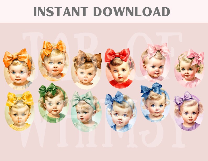 Akvarell Vintage Baby Girl Clipart Baby Shower PNG Digitala Bildnedladdningar för Korttillverkning Scrapbook Junk Journal Papperspyssel bild 2