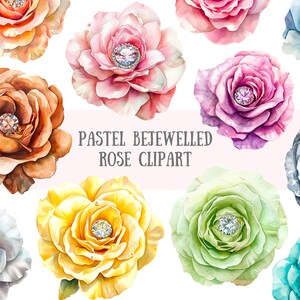 Aquarela Pastel Bejeweled Rose Clipart Primavera Flor PNG Downloads de imagens digitais para fazer cartões Scrapbook Junk Journal Paper Crafts