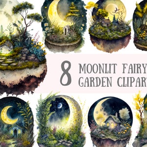 Puede incluir: Ocho ilustraciones de acuarela de jardines de hadas iluminados por la luna. Cada ilustración presenta una luna creciente, una pequeña cabaña y vegetación exuberante. Las ilustraciones son perfectas para agregar un toque de fantasía a cualquier proyecto.