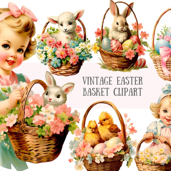 Watercolour Vintage Easter Basket Clipart Retro Easter Girl PNG Digital Image Downloads for Card Making Scrapbook Junk Journal Paper Crafts