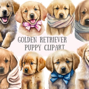 Aquarela Golden Retriever Filhotes Clipart - Filhote de Cachorro PNG Imagem Digital Downloads para Fazer Cartões, Scrapbook, Junk Journal, Paper Crafts