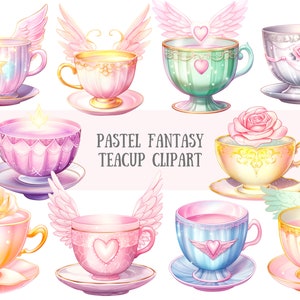 Acquerello pastello fantasia tazza da tè Clipart principessa tazze da tè PNG immagini digitali da scaricare per la creazione di biglietti scrapbook junk journal artigianato di carta
