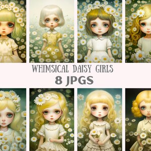 Acuarela caprichosa Daisy Girl Clipart Big Eyed Girl Art JPG Descargas de imágenes digitales para hacer tarjetas Scrapbook Junk Journal Paper Crafts