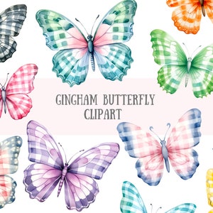 Aquarela Gingham Butterfly Clipart Cute Butterfly PNG Downloads de imagens digitais para fazer cartões Scrapbook Junk Journal Paper Crafts