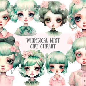 Aquarela Whimsical Mint Girl Clipart Pastel Fashion Girl Downloads de imagens digitais PNG para fazer cartões Scrapbook Junk Journal Paper Crafts