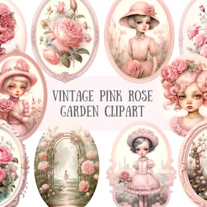 Aquarelle vintage rose roseraie des cliparts fille fantaisiste PNG Image numérique à télécharger pour la fabrication de cartes Scrapbook Junk Journal travaux manuels en papier