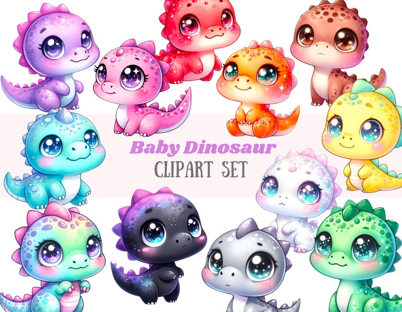 Puede incluir: Un conjunto de 10 im&aacute;genes de clipart de dinosaurios beb&eacute;s adorables. Cada dinosaurio est&aacute; ilustrado en un estilo de dibujos animados con ojos grandes y una expresi&oacute;n linda. Los dinosaurios son de varios colores, incluyendo morado, rosa, azul, verde, amarillo, naranja, rojo, marr&oacute;n, negro y blanco.