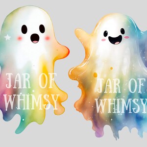 May include: Two watercolor ghosts with rainbow colors and white outlines. The ghosts have happy faces and the text "JAR OF WHIMSY" is written below each ghost.