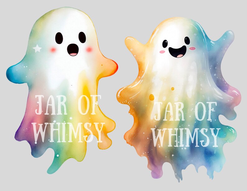 May include: Two watercolor ghosts with rainbow colors and white outlines. The ghosts have happy faces and the text "JAR OF WHIMSY" is written below each ghost.