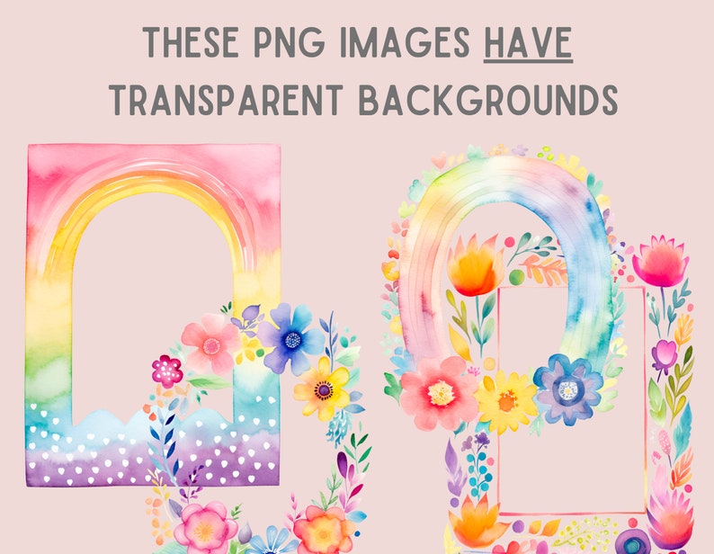 May include: Two watercolour rainbow frames with floral accents. The frames are perfect for adding a touch of whimsy to your digital designs.