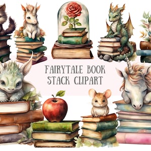 May include: A set of digital clipart featuring various whimsical creatures, including a unicorn, a dragon, a cat, a mouse, a gnome, and a dragon, each perched atop a stack of vintage-style books. The text "Fairytale Book Stack Clipart" is displayed at the bottom of the image.