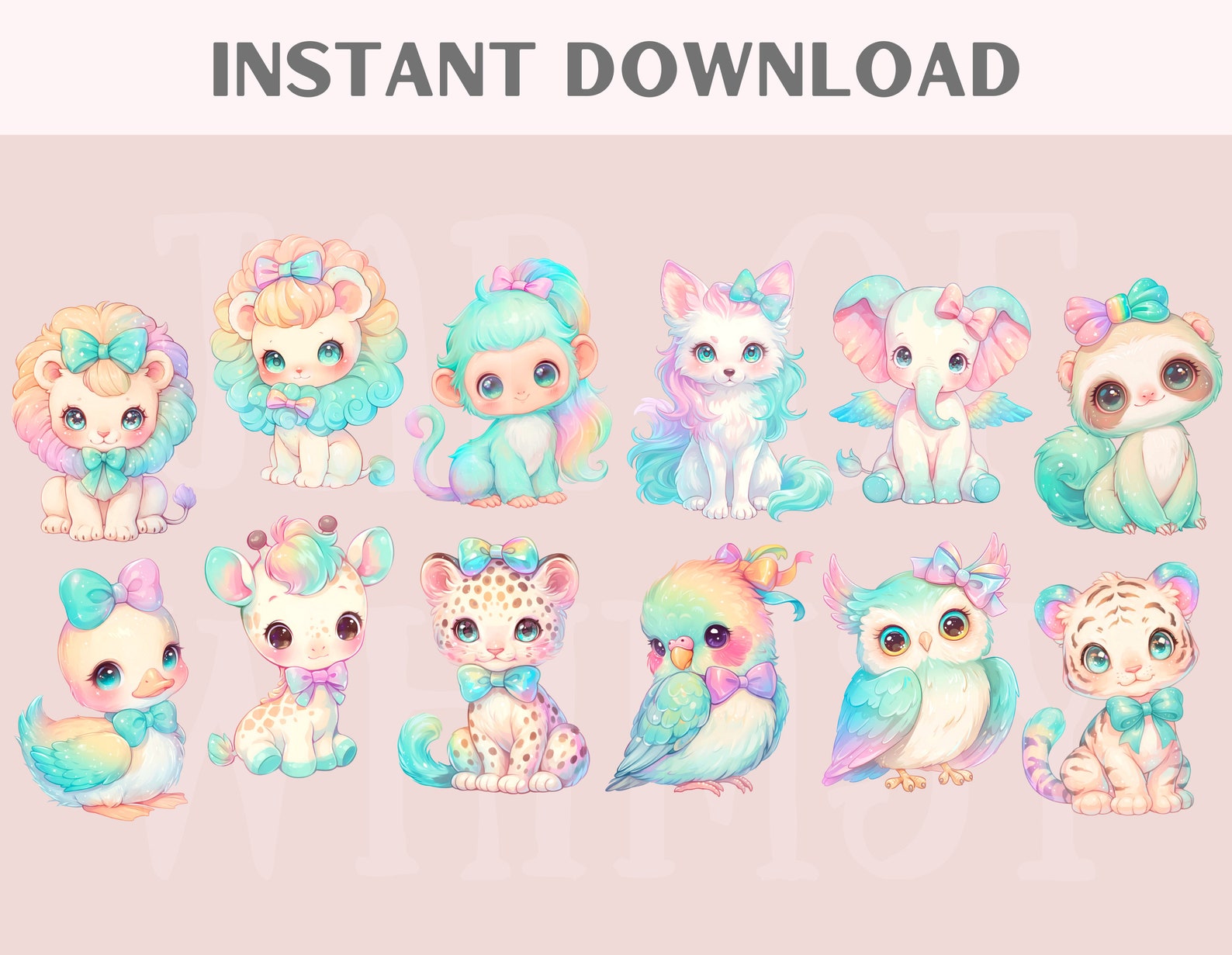 Watercolour Pastel Rainbow Animal Clipart Kawaii Animals PNG Digital ...
