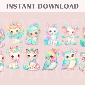 Watercolour Pastel Rainbow Animal Clipart Kawaii Animals PNG Digital ...