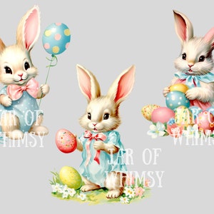 Puede incluir: Tres conejos de Pascua, uno sosteniendo un globo azul y amarillo, otro sosteniendo un huevo decorado y otro sosteniendo una cesta de huevos coloridos. Los conejos llevan vestidos azules y rosas con lazos. El texto "Jar of Whimsy" aparece en la imagen.
