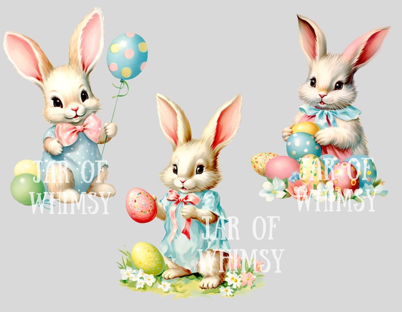Puede incluir: Tres conejos de Pascua, uno sosteniendo un globo azul y amarillo, otro sosteniendo un huevo decorado y otro sosteniendo una cesta de huevos coloridos. Los conejos llevan vestidos azules y rosas con lazos. El texto "Jar of Whimsy" aparece en la imagen.