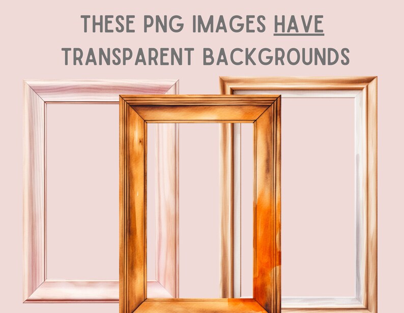 May include: Three empty picture frames with a light pink background. The frames are made of wood and have a natural wood grain finish. The frames are different sizes and have different styles. The frame on the left is a simple, rectangular frame. The frame in the middle is a more ornate frame with a gold finish. The frame on the right is a simple, rectangular frame with a white finish.