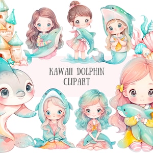 Aquarelle Kawaii Dauphin Clipart mignon Chibi Beach Girl PNG Image numérique à télécharger pour la fabrication de cartes Scrapbook Junk Journal travaux manuels en papier